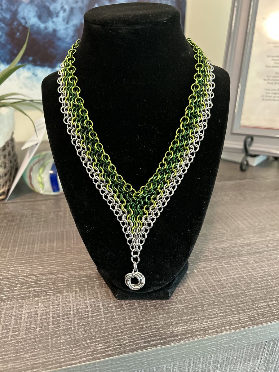 Silver and green chainmaille V necklace